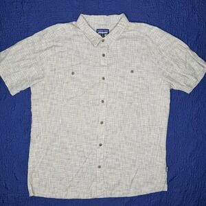 Patagonia Mens XL Hemp Organic Cotton Short Sleeve Button Down Shirt Tan Grey